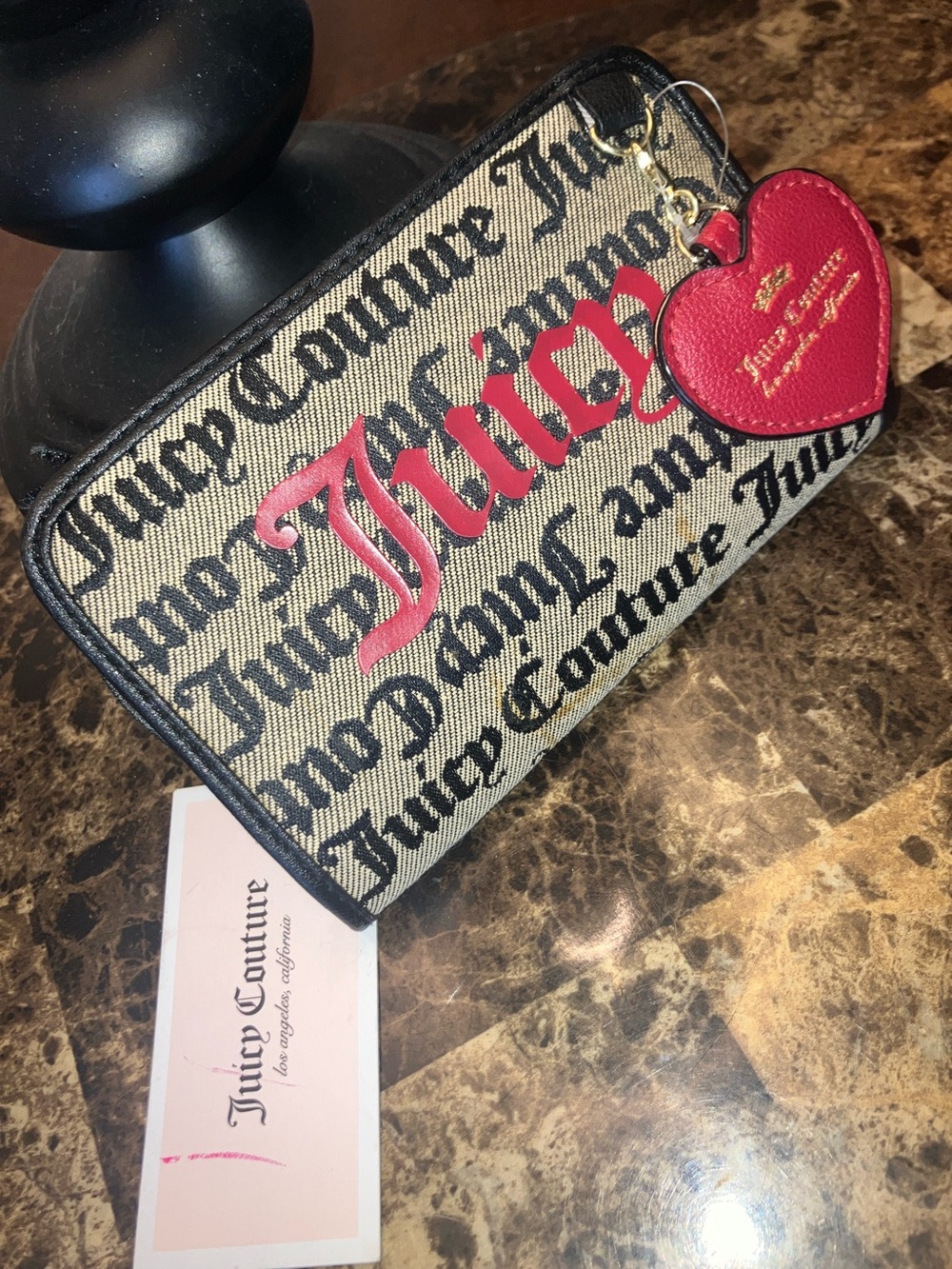 Juicy Couture Beige Logo Cardholder with Red Script and Red Heart Charm